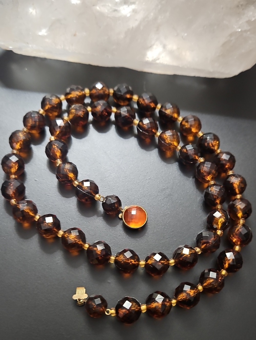 Vintage West Germany Faceted Amber Glass Bead Necklace Mid Century Costume 24"